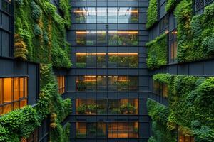 ai gerado uma inteligente verde escritório complexo equipado com solar painéis foto
