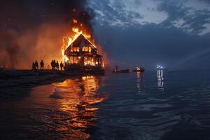 ai gerado uma beira-mar chalé é em chamas, a chamas refletido dentro a Sombrio águas foto