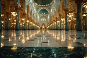 uma ampla mesquita, vazio, e muito grandes construção com muitos janelas e uma muitos do luz foto