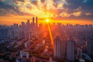 ai gerado uma vibrante luz do dia paisagem urbana, Onde a Sol elencos Está dourado raios sobre uma movimentado metrópole foto