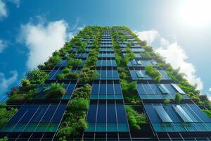 ai gerado a Inovativa sustentável escritório torre apresentando solar painéis foto