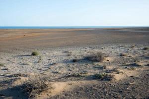 paisagem árida com solo seco em lanzarote, ilhas canárias, espanha. oceano à distância. foto