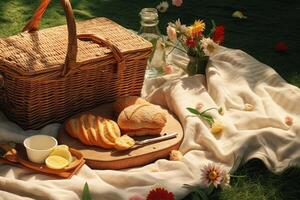 ai gerado Primavera piquenique cena brincar com uma tecido cesta, sanduíches, e fresco frutas. generativo ai foto