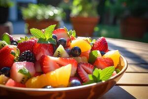 ai gerado uma fechar-se do uma fresco fruta salada dentro a Sol. generativo ai foto