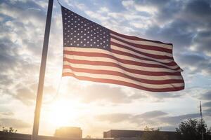 ai gerado a americano bandeira suspensão contra uma Claro céu sobre uma patriota dia memorial local. generativo ai foto