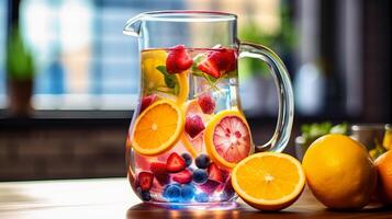 ai gerado uma fechar acima tiro do uma refrescante e colorida fruta infundido água jarro. generativo ai foto