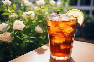 ai gerado uma fechar-se do uma refrescante tarde gelado chá. generativo ai foto