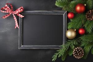 ai gerado festivo quadro-negro decorado com uma arco e Natal enfeites. generativo ai foto