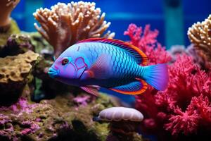 ai gerado colorida peixe-papagaio pastar em coral pólipos. generativo ai foto