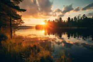 ai gerado a sereno beleza do uma lago às dourado hora. generativo ai foto