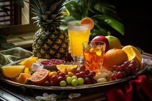 ai gerado uma fechar acima do uma tropical fruta prato acompanhado de óculos do rum soco, oferta uma sensorial festa do sabores e cores. generativo ai foto