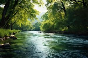 ai gerado a espumante águas do uma sereno tarde rio. generativo ai foto