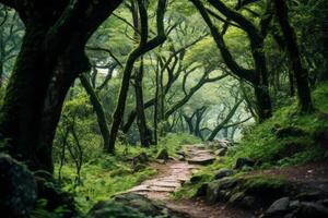 ai gerado uma cênico Visão do uma exuberante floresta caminho, acenando caminhantes e desejo de viajar entusiastas. generativo ai foto