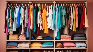 ai gerado uma livre de desordem armário de roupa com roupas classificado de cor. generativo ai foto