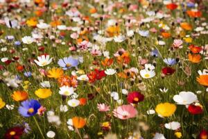 ai gerado delicado flores silvestres criando uma colorida tapete dentro uma Prado. generativo ai foto