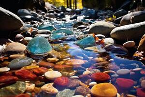 ai gerado claro como cristal corrente fluindo sobre colorida pedrinhas dentro uma floresta. generativo ai foto