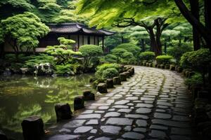 ai gerado uma estrada através uma tranquilo japonês jardim, exalando serenidade. generativo ai foto