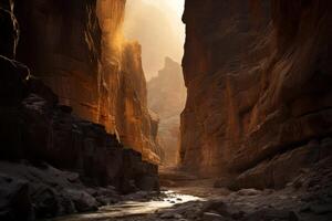 ai gerado uma fotografia capturando a dramático interação do luz e sombra dentro uma canyon. generativo ai foto