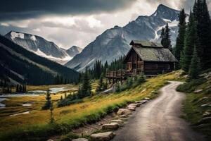 ai gerado uma estrada conduzindo para uma rústico montanha cabine, evocando aventura. generativo ai foto