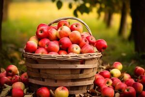 ai gerado arranjo uma cesta do recentemente escolhido maçãs, exibindo a recompensa do a outono colheita. generativo ai foto
