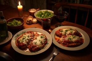 ai gerado pratos do frango parmigiana colocada em uma acolhedor família jantar mesa. generativo ai foto