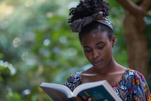 ai gerado educado africano fêmea leitura. gerar ai foto