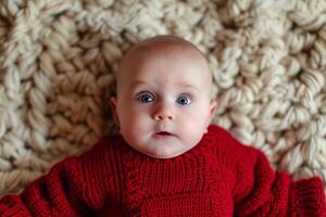 ai gerado acolhedor bebê vermelho suéter outono. gerar ai foto