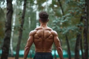 ai gerado muscular Atlético homem vista traseira. gerar ai foto