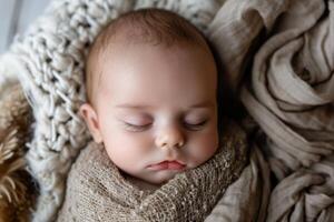 ai gerado acolhedor bebê embrulhado cobertor dormir. gerar ai foto