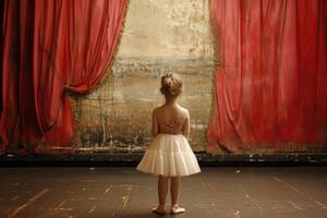 ai gerado bailarina pequeno menina teatro estágio. gerar ai foto