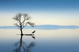 ai gerado uma sereno reflexão do uma solitário pássaro empoleirado em uma tranquilo lago. generativo ai foto