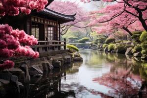 ai gerado tranquilo japonês jardim com uma sereno lagoa e florescendo árvores servindo Como uma calmante fundo. generativo ai foto