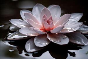 ai gerado uma fechar acima reflexão do uma chuva encharcado flor pétala em uma cinzento dia. generativo ai foto