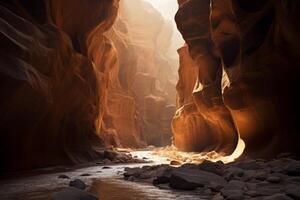 ai gerado uma fotografia capturando a dramático interação do luz e sombra dentro uma canyon. generativo ai foto