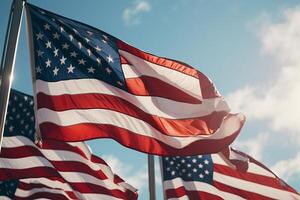 ai gerado americano bandeiras tremulando dentro a vento contra uma Claro céu em patriota dia. generativo ai foto