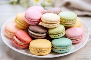 ai gerado uma prato do colorida francês macarons com delicado sabores. generativo ai foto