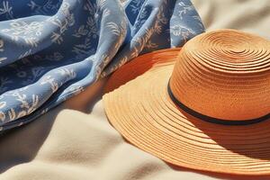 ai gerado uma fechar-se do uma chapéu de sol e de praia toalha dentro a Sol. generativo ai foto
