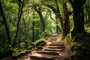 ai gerado uma cênico Visão do uma exuberante floresta caminho, acenando caminhantes e desejo de viajar entusiastas. generativo ai foto