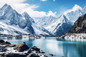 ai gerado uma cênico Visão do uma tranquilo lago cercado de neve limitado montanhas, uma refúgio para desejo de viajar buscadores. generativo ai foto