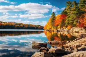 ai gerado cênico Visão do uma lago cercado de outono cores. generativo ai foto