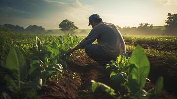 ai gerado uma agricultor usando sustentável agricultura práticas. generativo ai foto