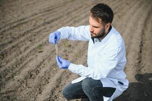 laboratório trabalhador segurando profissional artigos de vidro e teste Preto solo depois de colheita dentro a campo foto