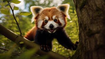 ai gerado uma vermelho panda filhote escalada acima uma árvore. generativo ai foto