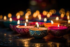 ai gerado grupo do aceso velas sentado em topo do uma mesa diwali lâmpada. generativo ai foto