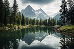 ai gerado tranquilo lago refletindo uma sereno montanha panorama. generativo ai foto