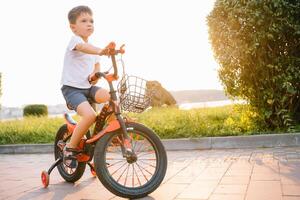 crianças em uma bicicleta às asfalto estrada dentro cedo manhã. pequeno Garoto aprende para passeio uma bicicleta dentro a parque. feliz sorridente criança, equitação uma ciclismo. foto