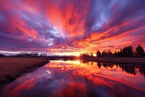 ai gerado vibrante pôr do sol refletindo em uma sereno lago com pitoresco nuvens. generativo ai foto