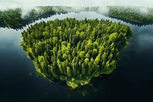 ai gerado aéreo perspectiva do uma imaculado floresta com uma sereno, reflexivo lago. generativo ai foto