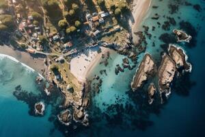 ai gerado aéreo Visão do uma costeiro Cidade capturado através a lente do zangão imagens. generativo ai foto