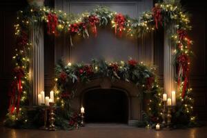 ai gerado festivo lareira adornado com Natal luzes e vegetação. generativo ai foto